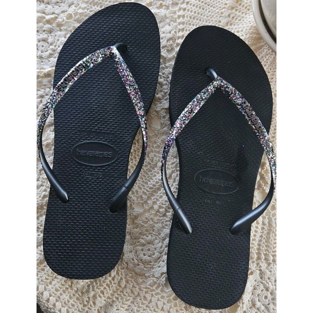Havaianas Black Slim Glitter Flip Flops Shoes Sz 11/12 NEW